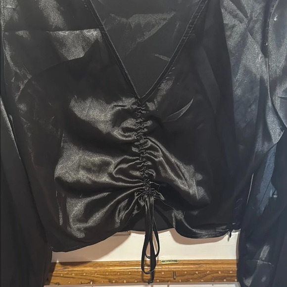 Black Ruched Satin Tie Front Long Sleeve Blouse - Picture 3 of 9